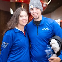 Man and woman smile together